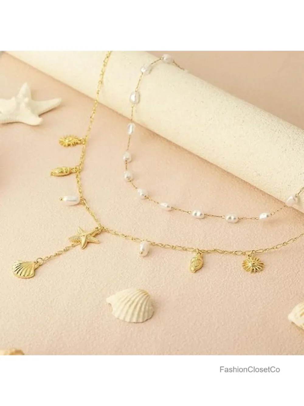 14K Gold Plated Layered Shell & Pearl Necklace Set for Women Stackable Beach